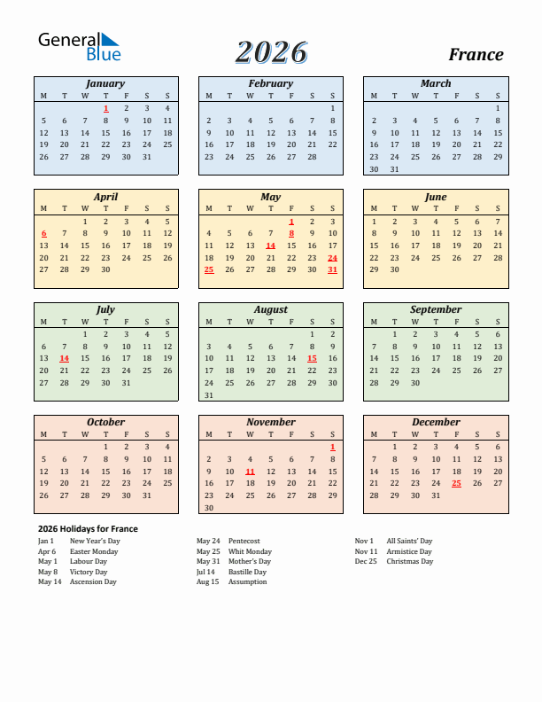 France Calendar 2026 with Monday Start