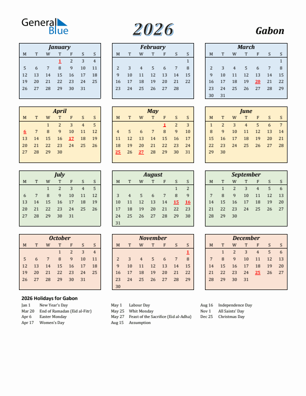 Gabon Calendar 2026 with Monday Start