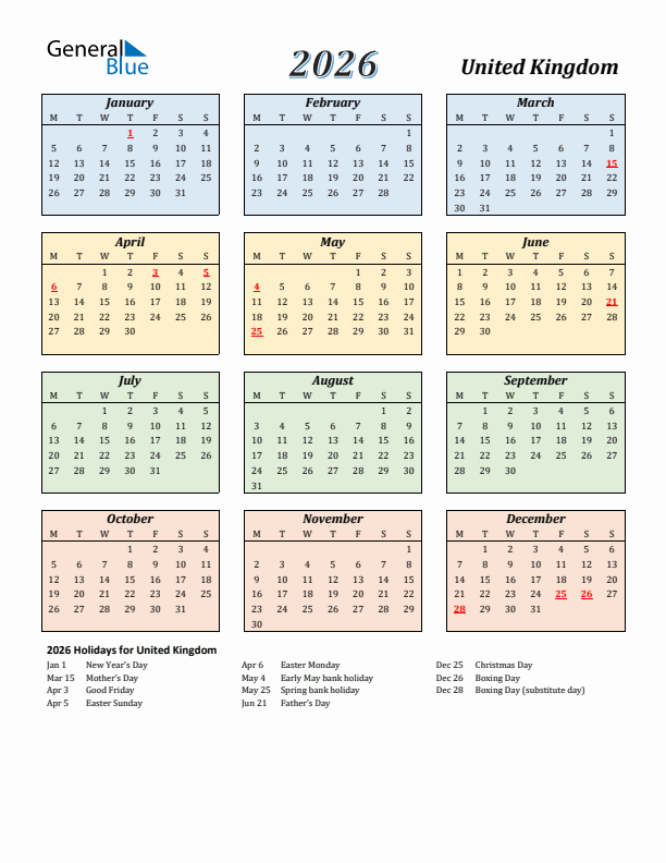United Kingdom Calendar 2026 with Monday Start