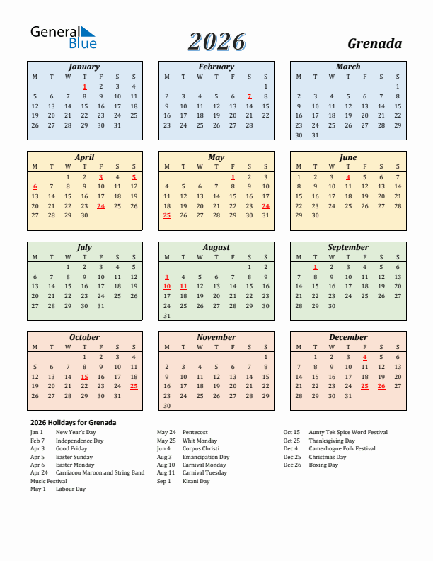 Grenada Calendar 2026 with Monday Start