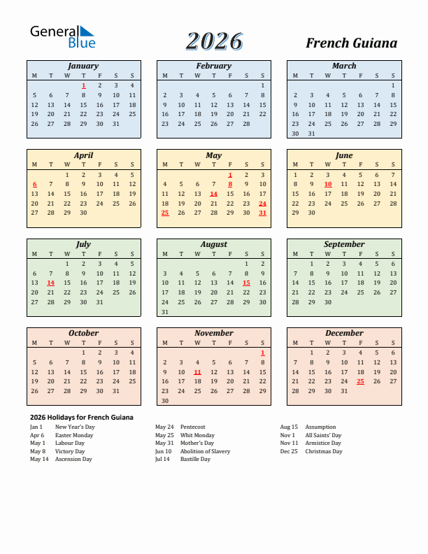 French Guiana Calendar 2026 with Monday Start