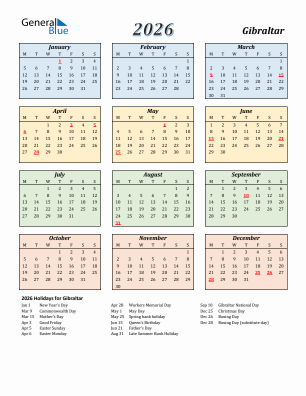 Gibraltar Calendar 2026 with Monday Start