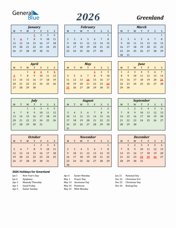 Greenland Calendar 2026 with Monday Start