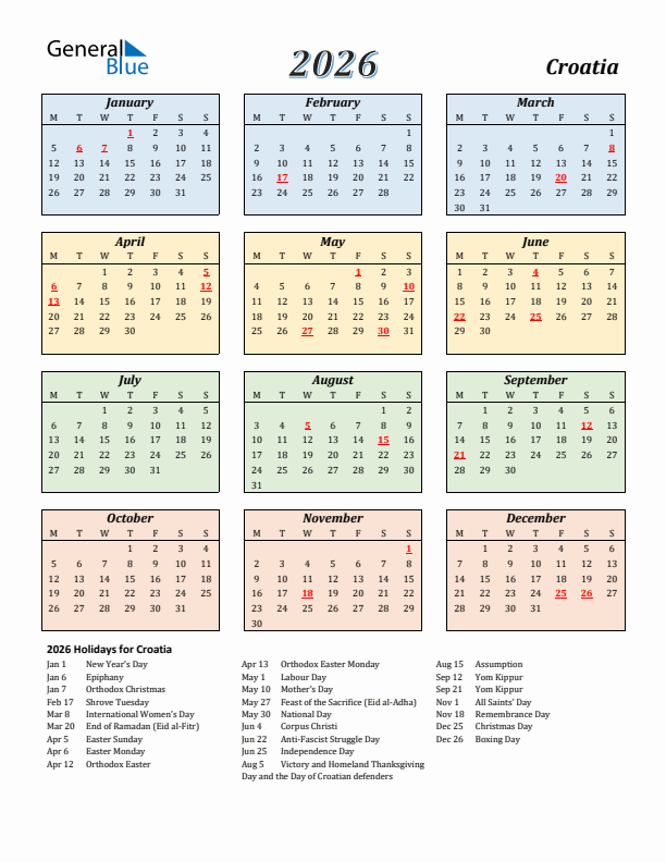 Croatia Calendar 2026 with Monday Start