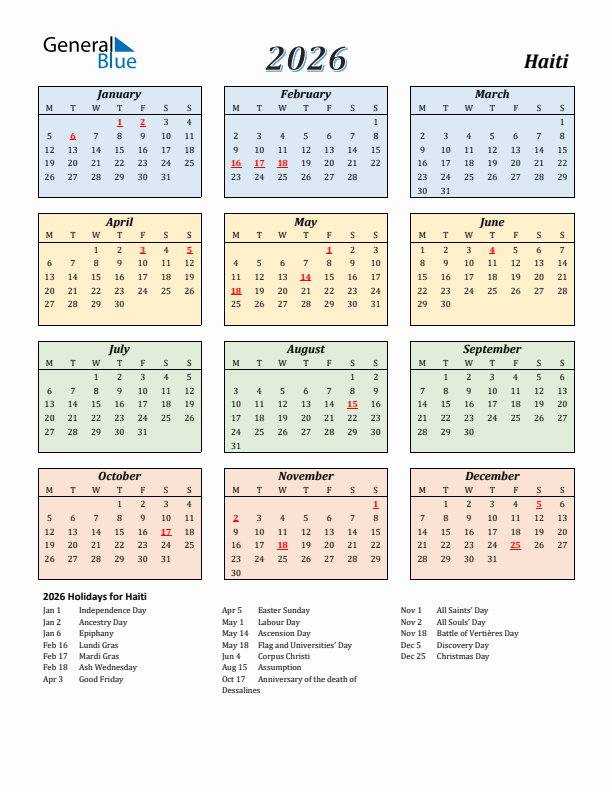 Haiti Calendar 2026 with Monday Start
