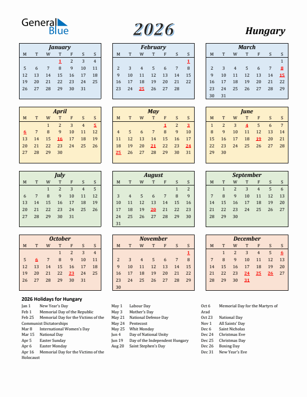 Hungary Calendar 2026 with Monday Start