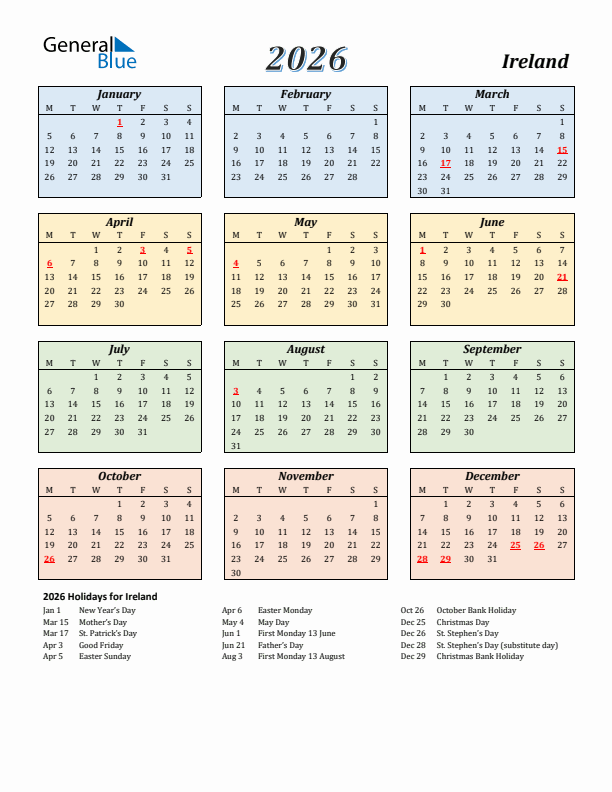 Ireland Calendar 2026 with Monday Start