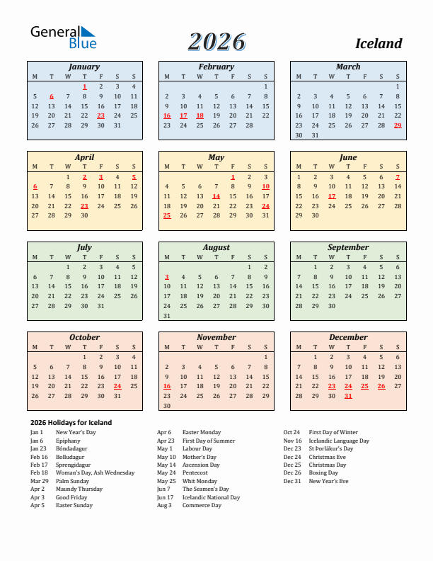 Iceland Calendar 2026 with Monday Start