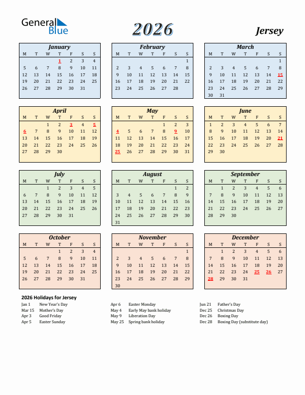 Jersey Calendar 2026 with Monday Start