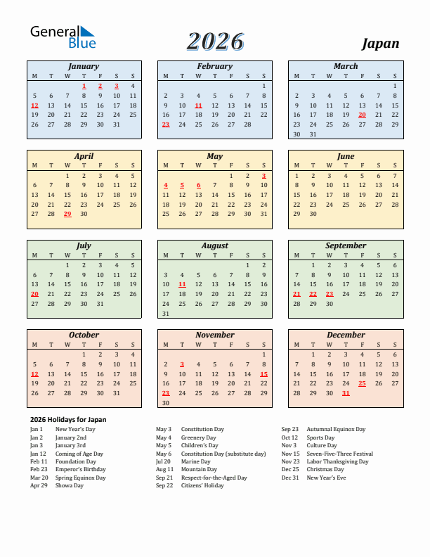 Japan Calendar 2026 with Monday Start