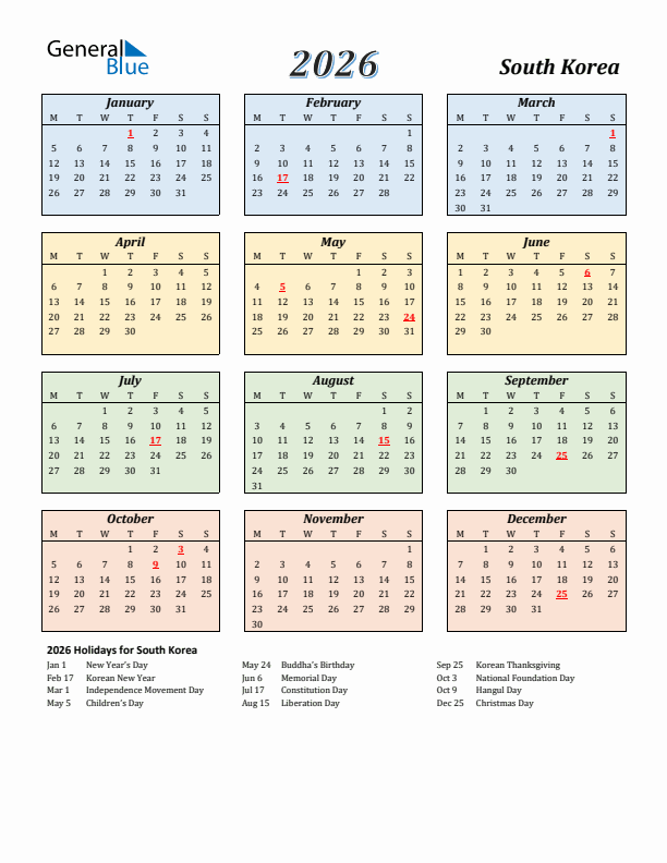 South Korea Calendar 2026 with Monday Start
