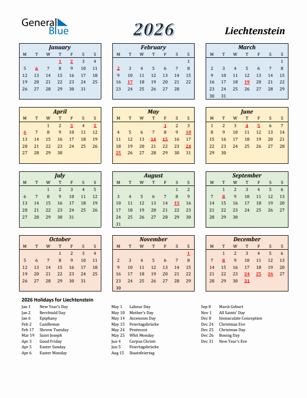 Liechtenstein Calendar 2026 with Monday Start