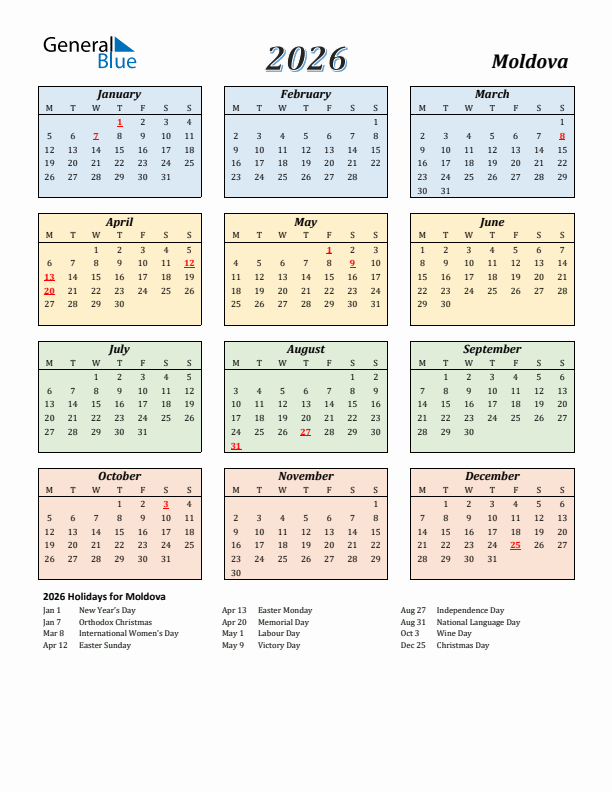Moldova Calendar 2026 with Monday Start