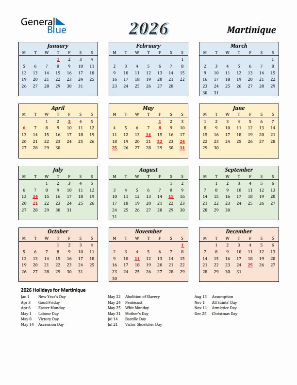 Martinique Calendar 2026 with Monday Start