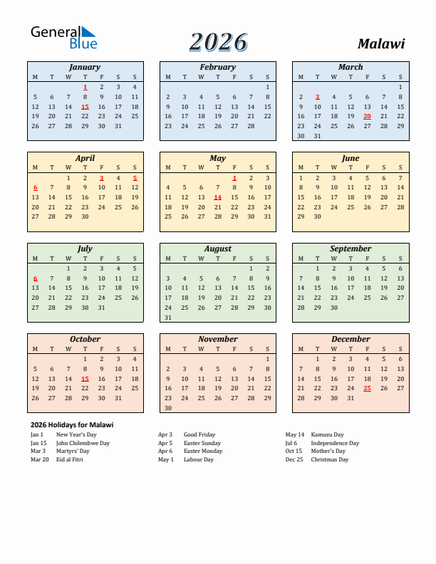 Malawi Calendar 2026 with Monday Start