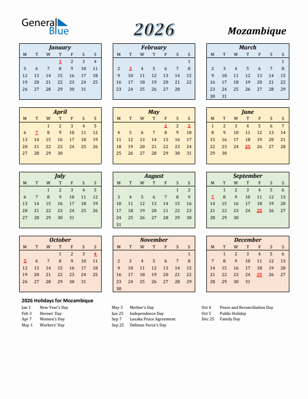 Mozambique Calendar 2026 with Monday Start