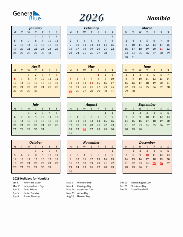 Namibia Calendar 2026 with Monday Start