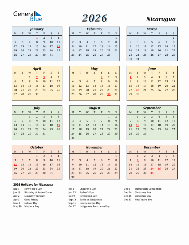 Nicaragua Calendar 2026 with Monday Start