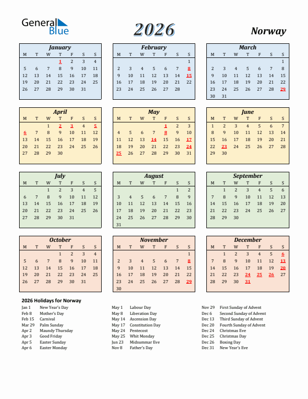 Norway Calendar 2026 with Monday Start