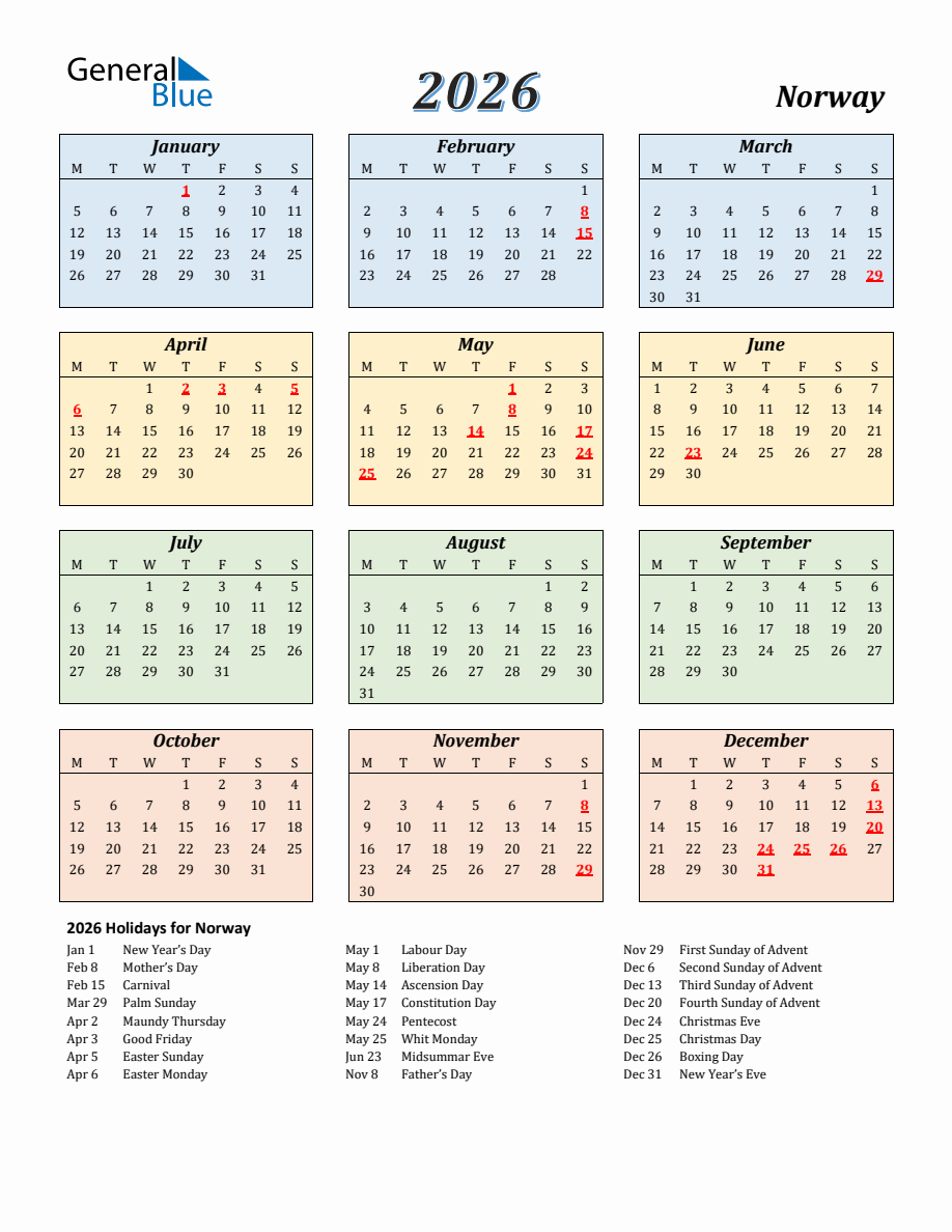 2026 Norway Calendar with Monday Start