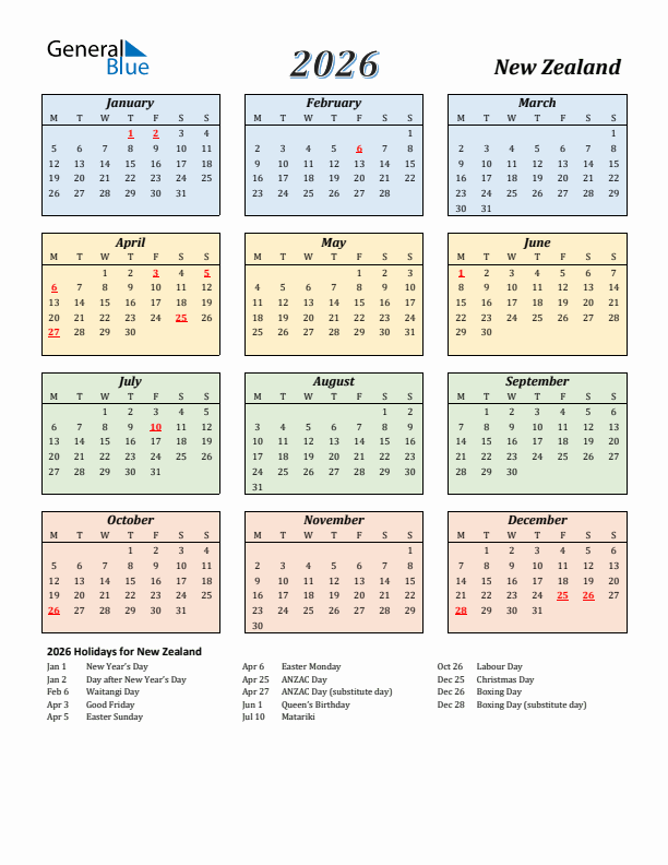 New Zealand Calendar 2026 with Monday Start
