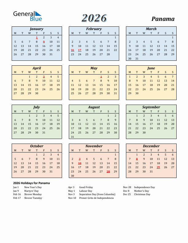Panama Calendar 2026 with Monday Start