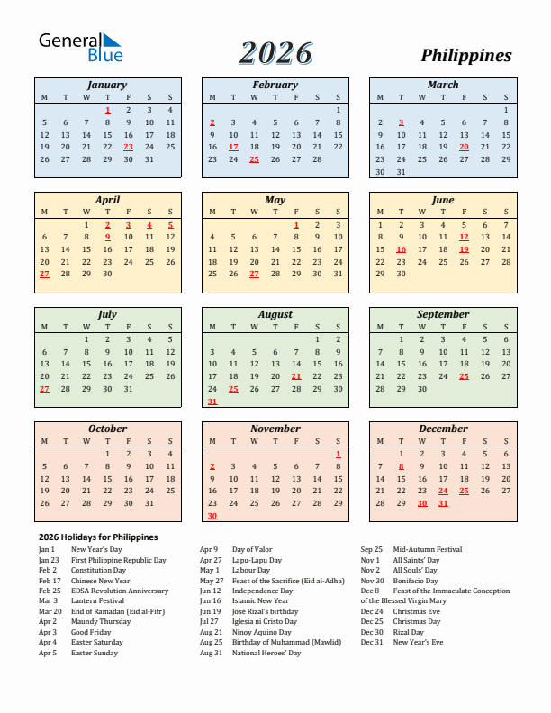 Philippines Calendar 2026 with Monday Start
