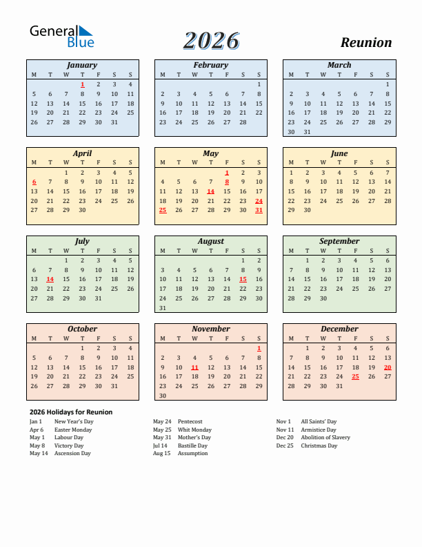 Reunion Calendar 2026 with Monday Start