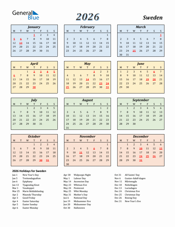Sweden Calendar 2026 with Monday Start