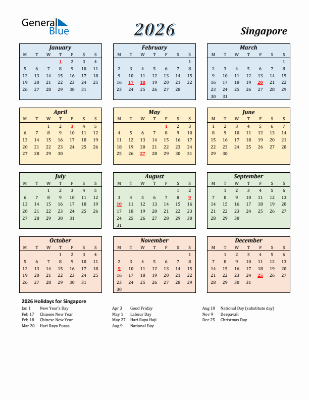 Singapore Calendar 2026 with Monday Start