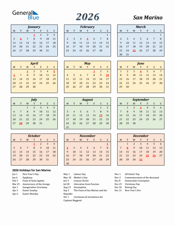 San Marino Calendar 2026 with Monday Start