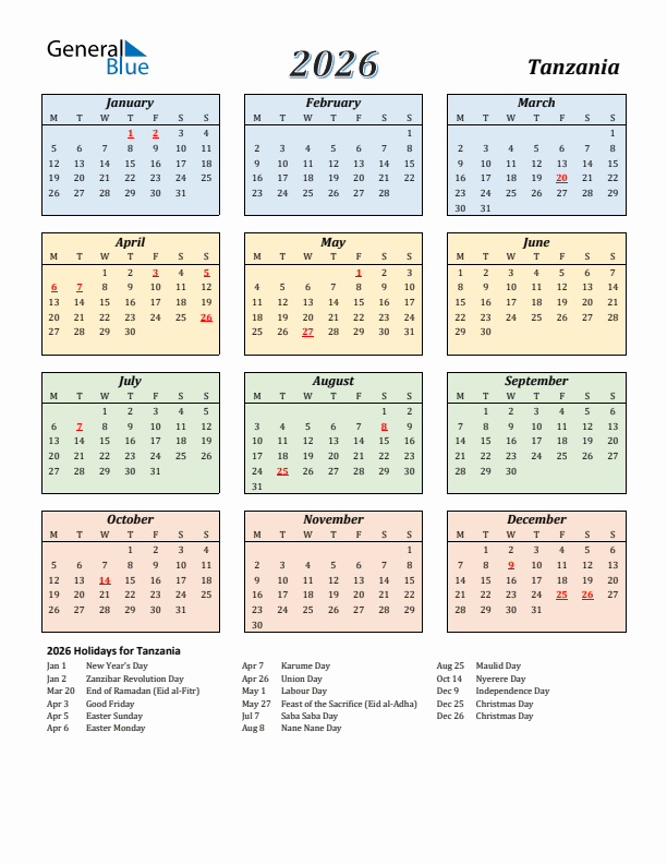 Tanzania Calendar 2026 with Monday Start