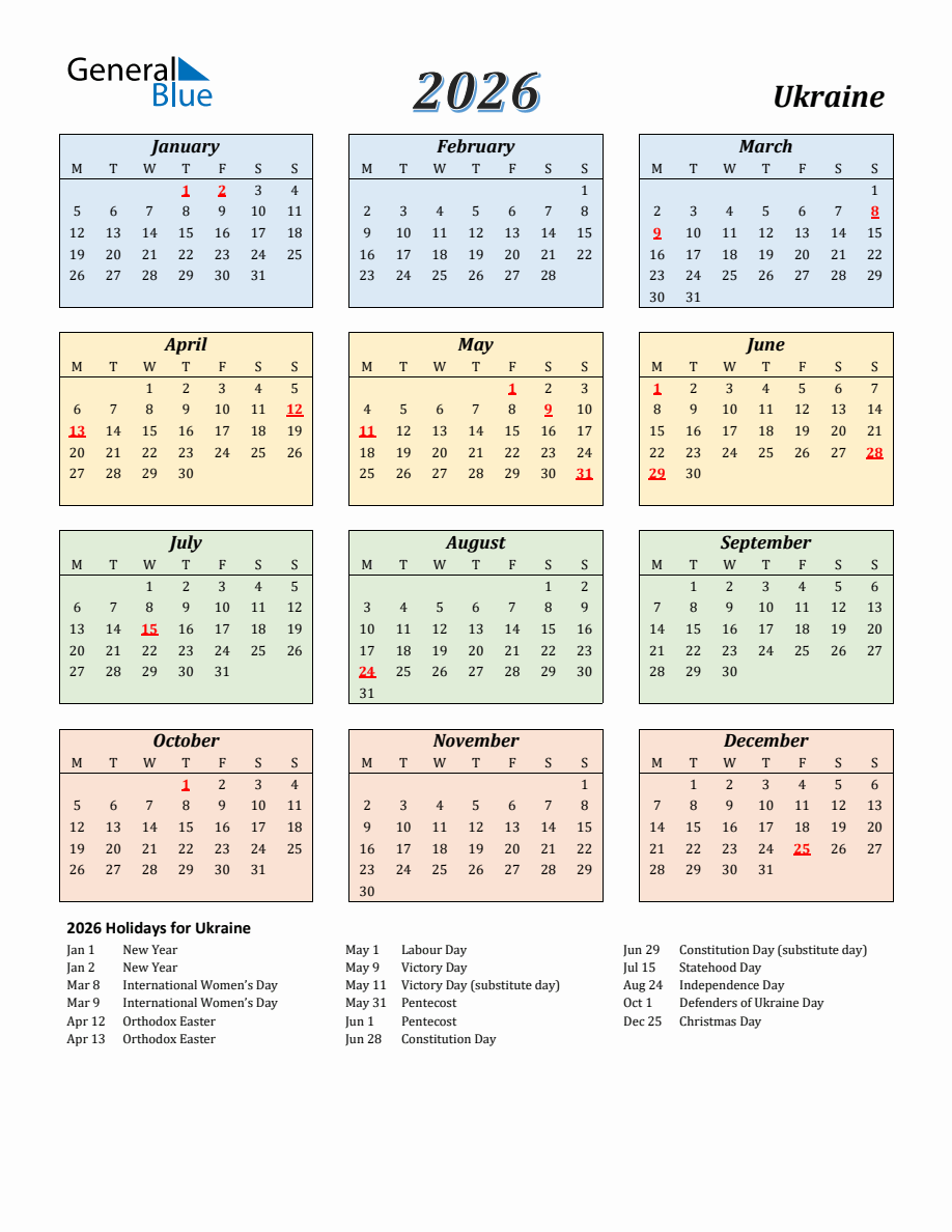 2026 Ukraine Calendar with Monday Start