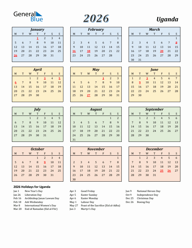 Uganda Calendar 2026 with Monday Start