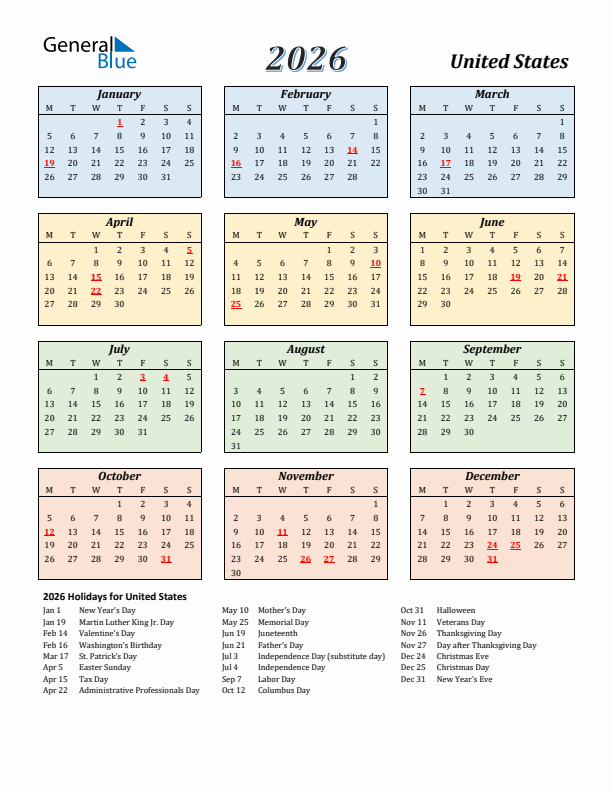 United States Calendar 2026 with Monday Start