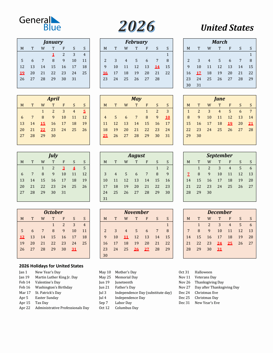 2026 United States Calendar With Monday Start