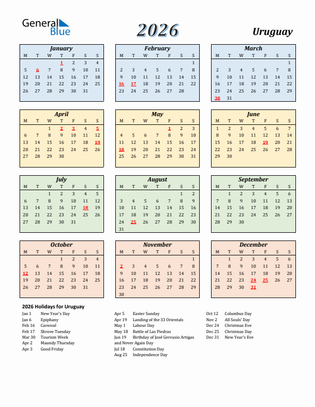 Uruguay Calendar 2026 with Monday Start