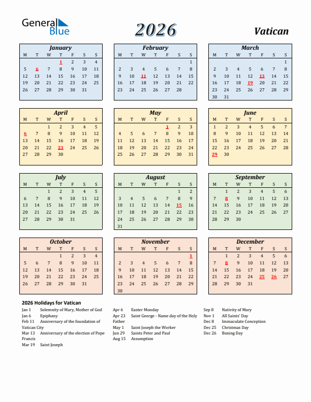 Vatican Calendar 2026 with Monday Start