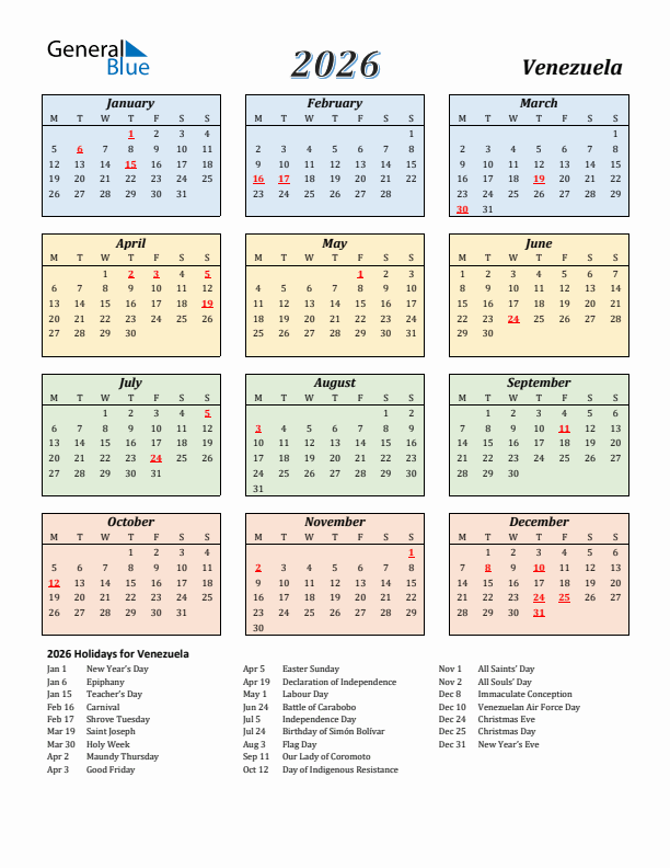 Venezuela Calendar 2026 with Monday Start