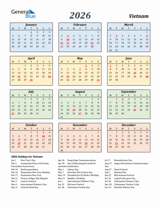 Vietnam Calendar 2026 with Monday Start