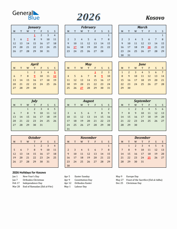 Kosovo Calendar 2026 with Monday Start
