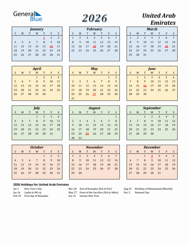 United Arab Emirates Calendar 2026 with Sunday Start