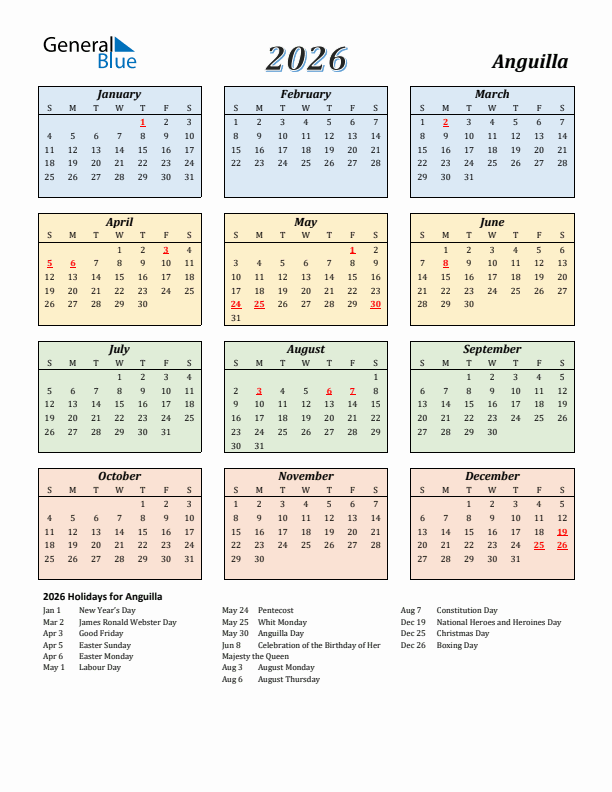 Anguilla Calendar 2026 with Sunday Start