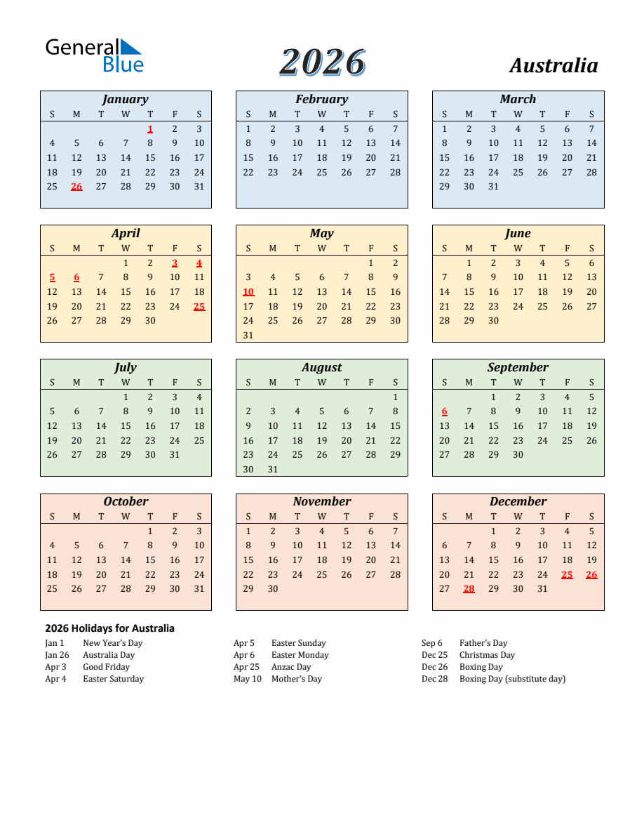 2026 Australia Calendar with Sunday Start