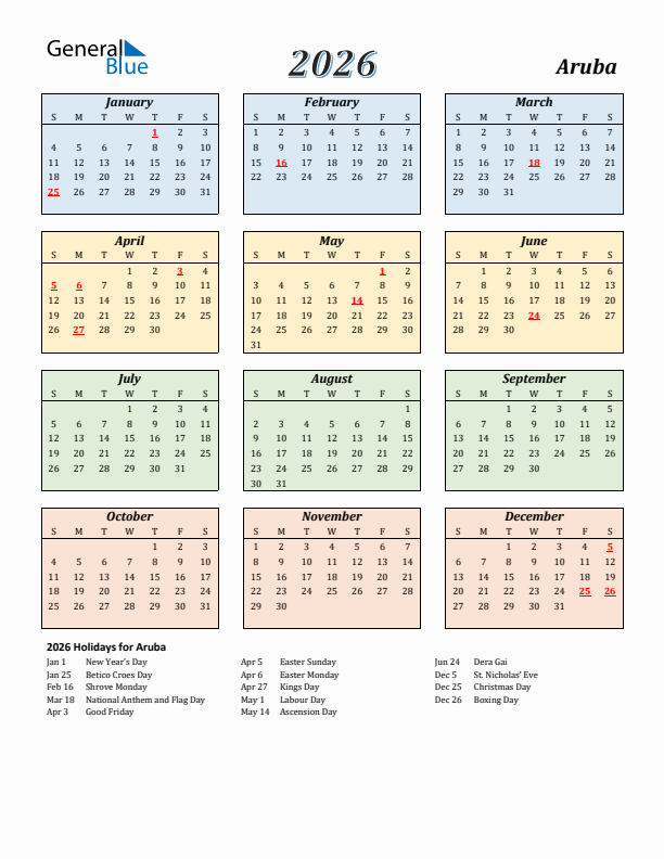 Aruba Calendar 2026 with Sunday Start