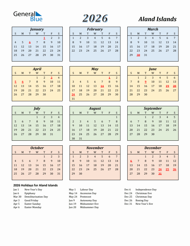 Aland Islands Calendar 2026 with Sunday Start