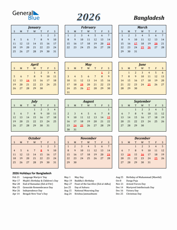 Bangladesh Calendar 2026 with Sunday Start