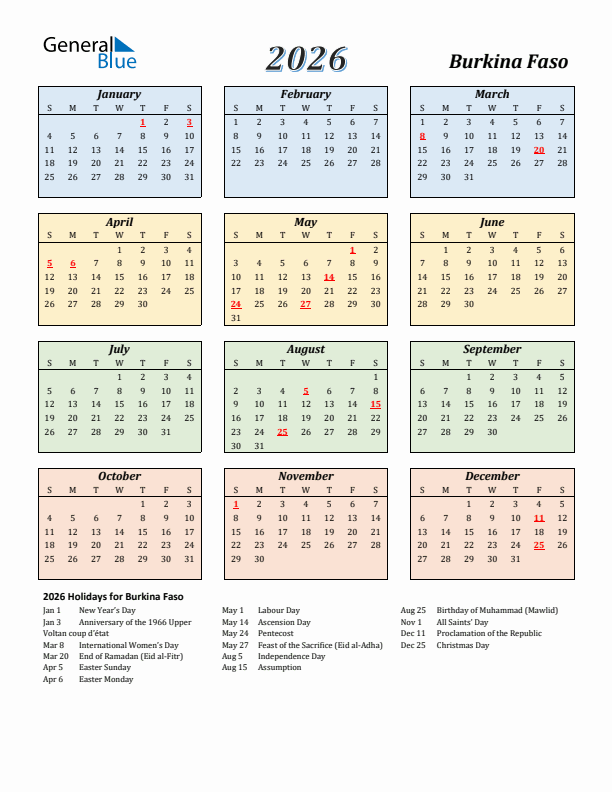 Burkina Faso Calendar 2026 with Sunday Start
