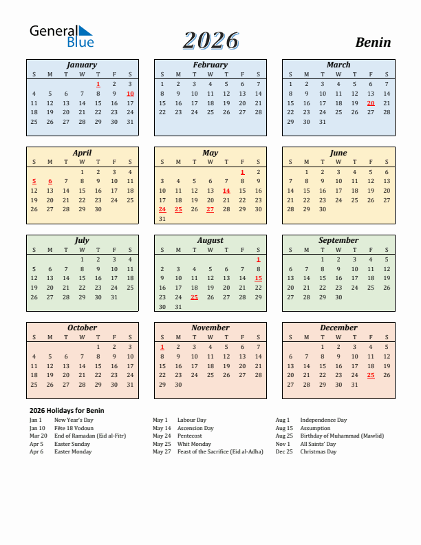 Benin Calendar 2026 with Sunday Start
