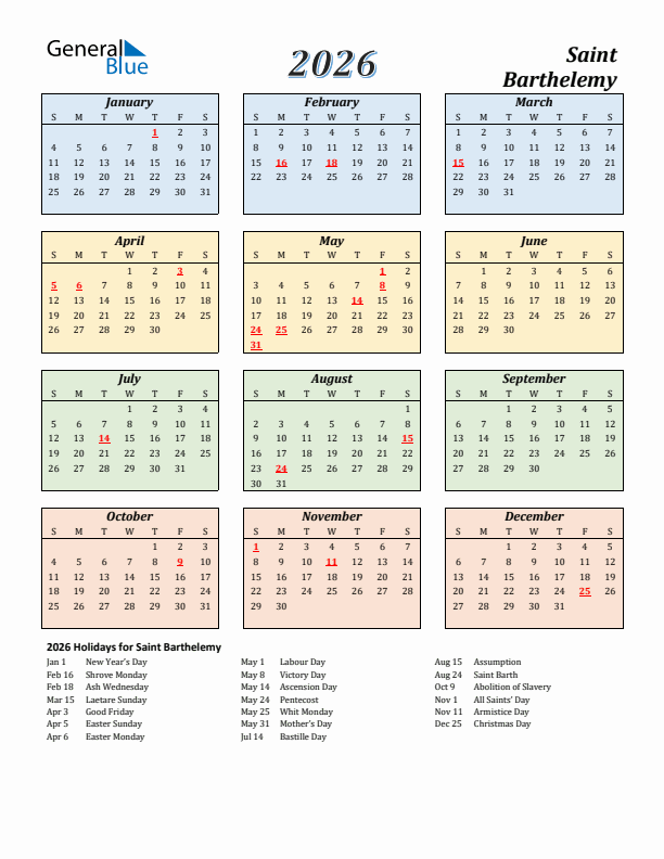 Saint Barthelemy Calendar 2026 with Sunday Start